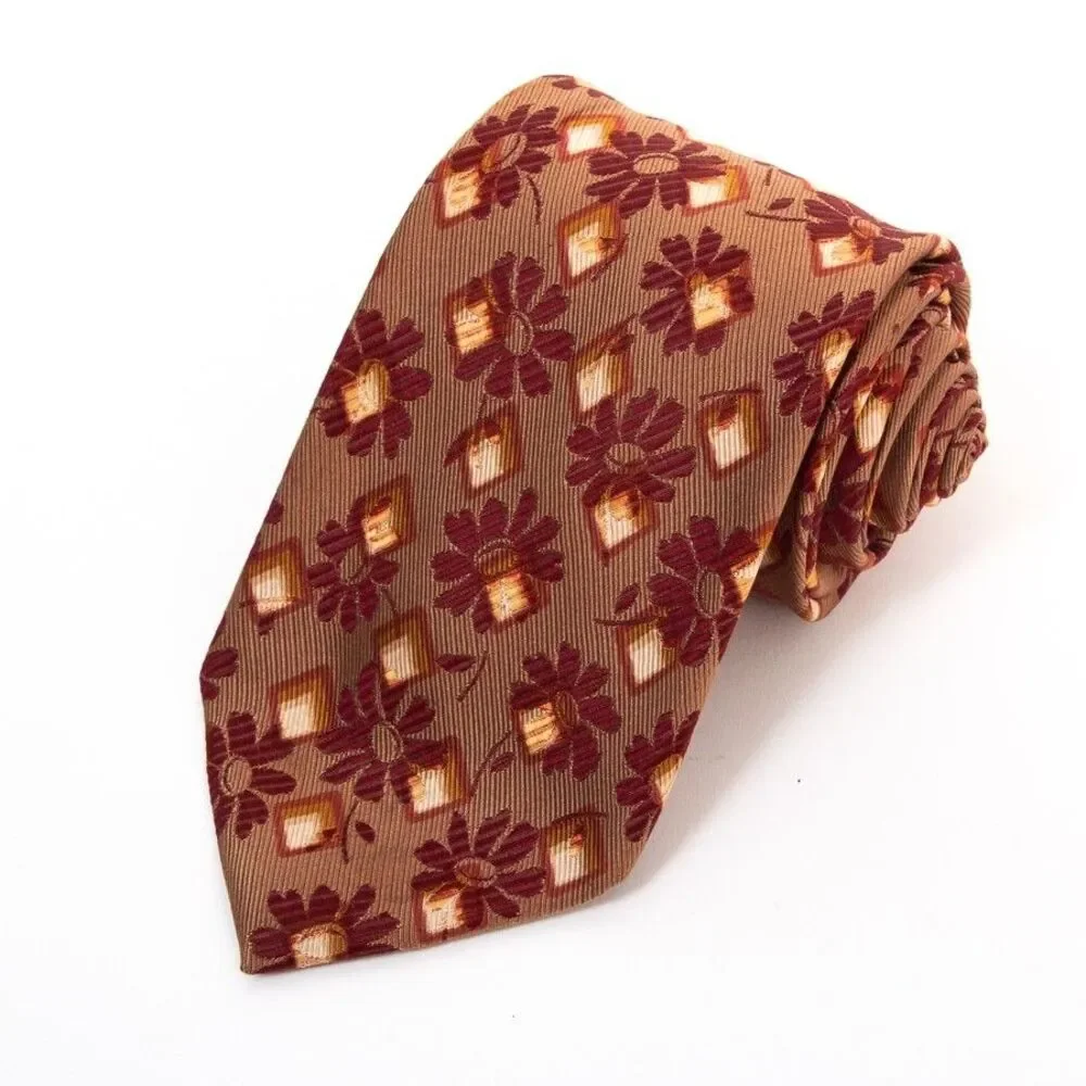 Ermenegildo Zegna Silk Floral Geometric Tie Mens Brown Burgundy Necktie Italy